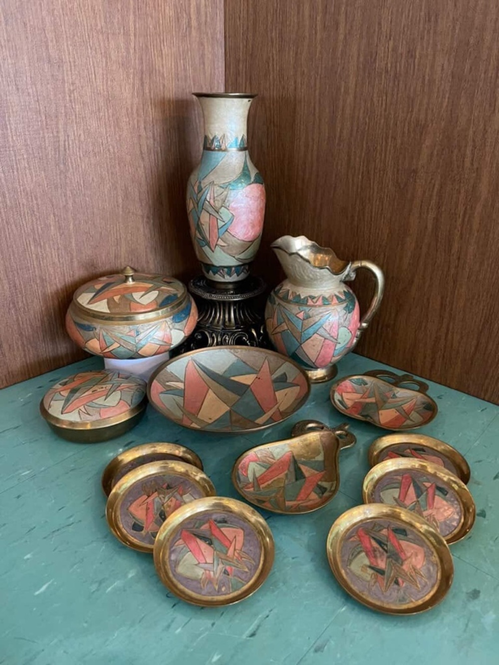13 pc vintage enamelled brass decor lot 1980’s pink blue pastel geometric vase